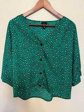 Worthington Green Leopard Print Three-Quarter Sleeve Blouse Size Medium